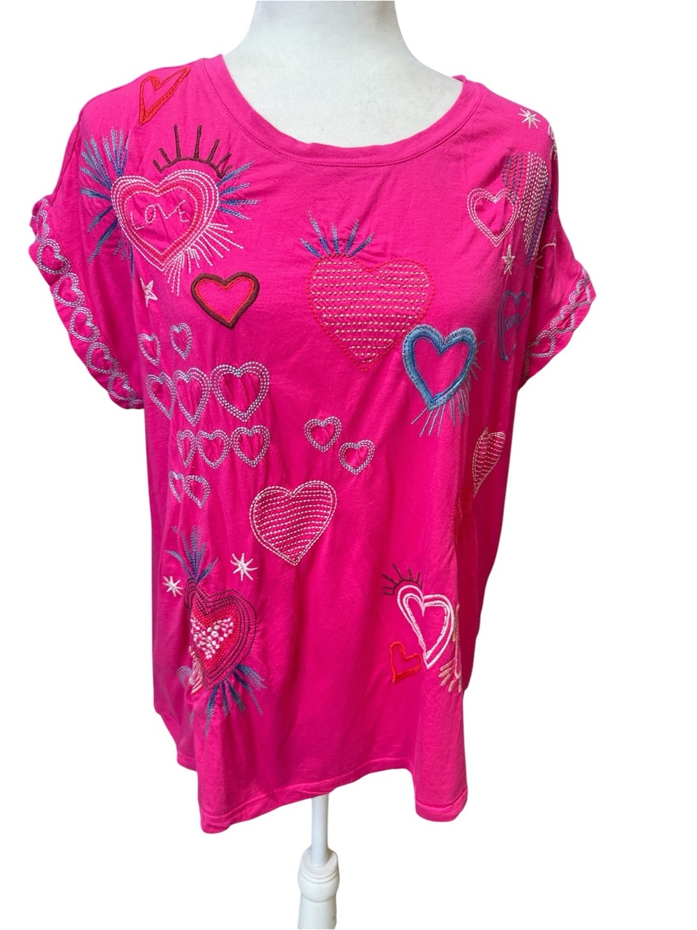 Johnny Was Hot Pink Heart Embroidered Short Sleeve Tee